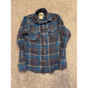 Ariat Flannel Shirt Boys M 10-12 Blue Plaid Retro Fit Western Snap Long Sleeve